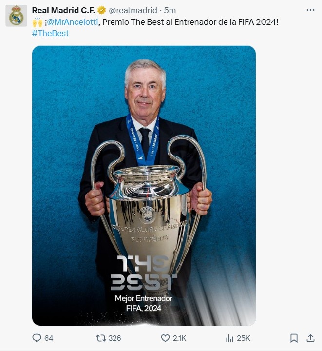 皇馬官方：恭喜安切洛蒂獲得2024年FIFA最佳教練獎(jiǎng)！